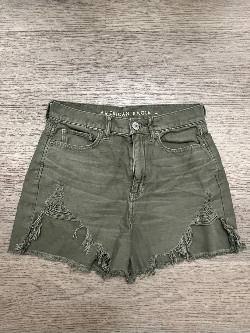 American Eagle Outfitters Olive Green Distressed Frayed-Hem HighRise DenimShorts